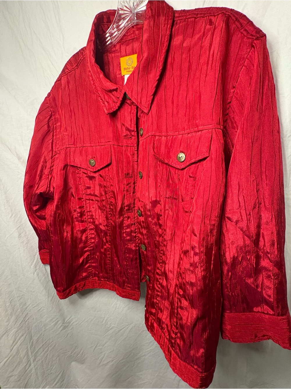 Ruby Rd. Women's Shiny Red Button-Front Jean Jacket - Picture 2 of 5